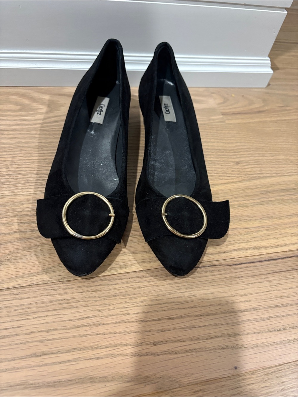 Black Suede Pointed Toe Flats with Gold Buckle purchased in Italy.